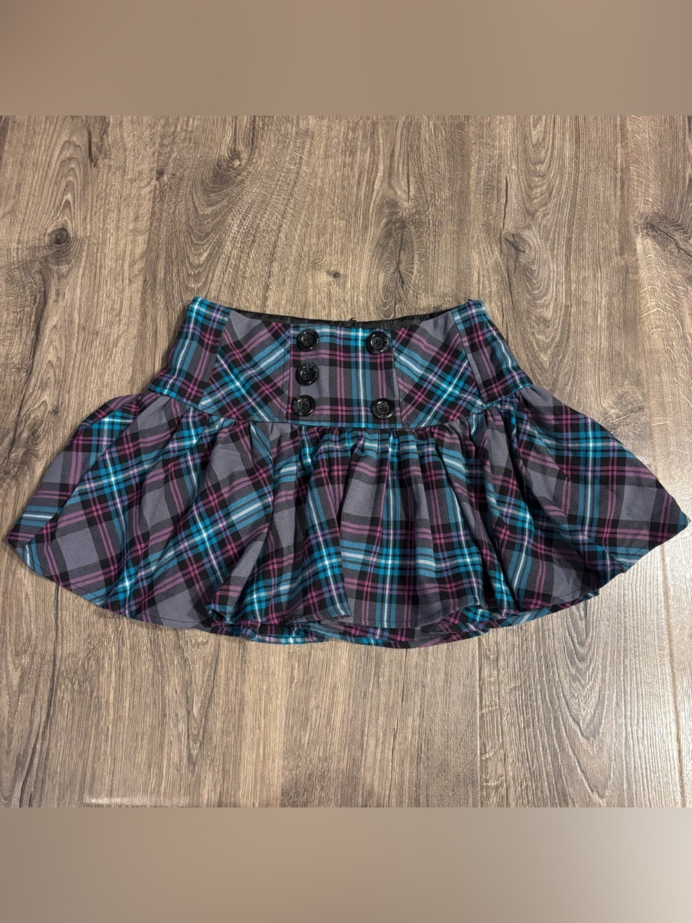 VTG Candie's Teal, Purple & Gray Plaid Button-Front Corset Back Emo Skirt size 3